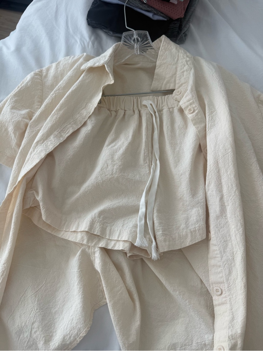 Amazon Women's Cream Button-Down Shirt with Drawstring Top Set